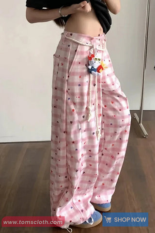 Loose Retro Plaid Stars Pattern Wide Leg Pants