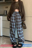 High Waist Loose Vintage Blue Plaid Pants