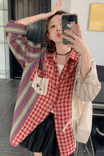 Long Sleeve Striped And Plaid Combination Blouse Shirt