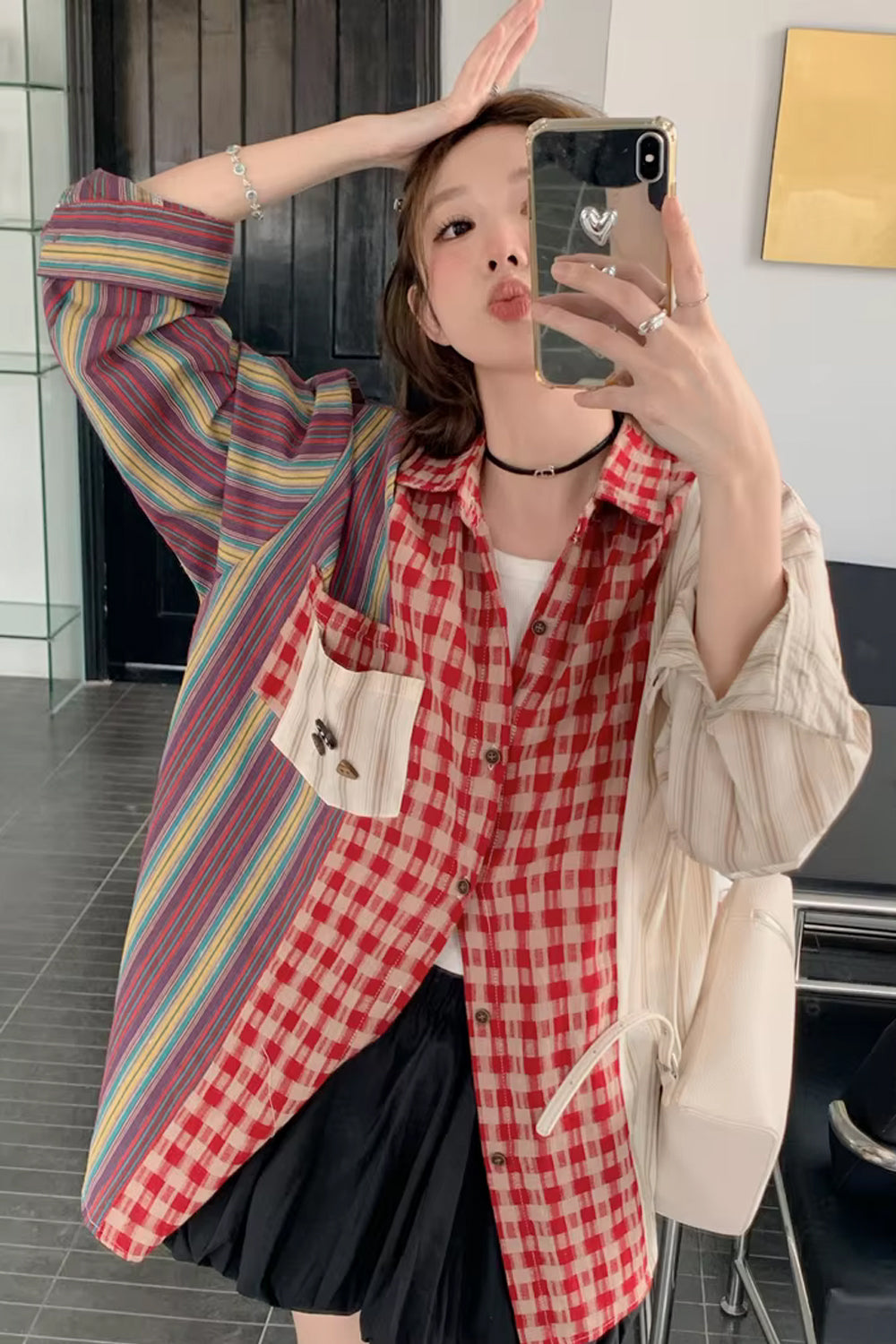 Long Sleeve Striped And Plaid Combination Blouse Shirt