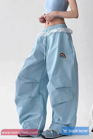 Loose Wide Leg Cute Rainbow Lace Drawstring Pants