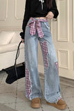 High Waist Bow Plaid Splicing Jeans Pants