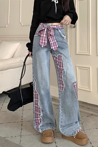 High Waist Bow Plaid Splicing Jeans Pants