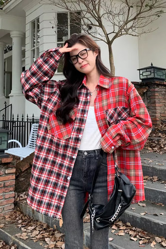 Loose Long Sleeve Plaid Colors Combination Blouse Shirt