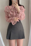 Long Sleeve Cute Bow Ruffled Blouse Shirt