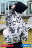 Loose Stand Collar Ink Painting Printed Parkas Coat Jacket