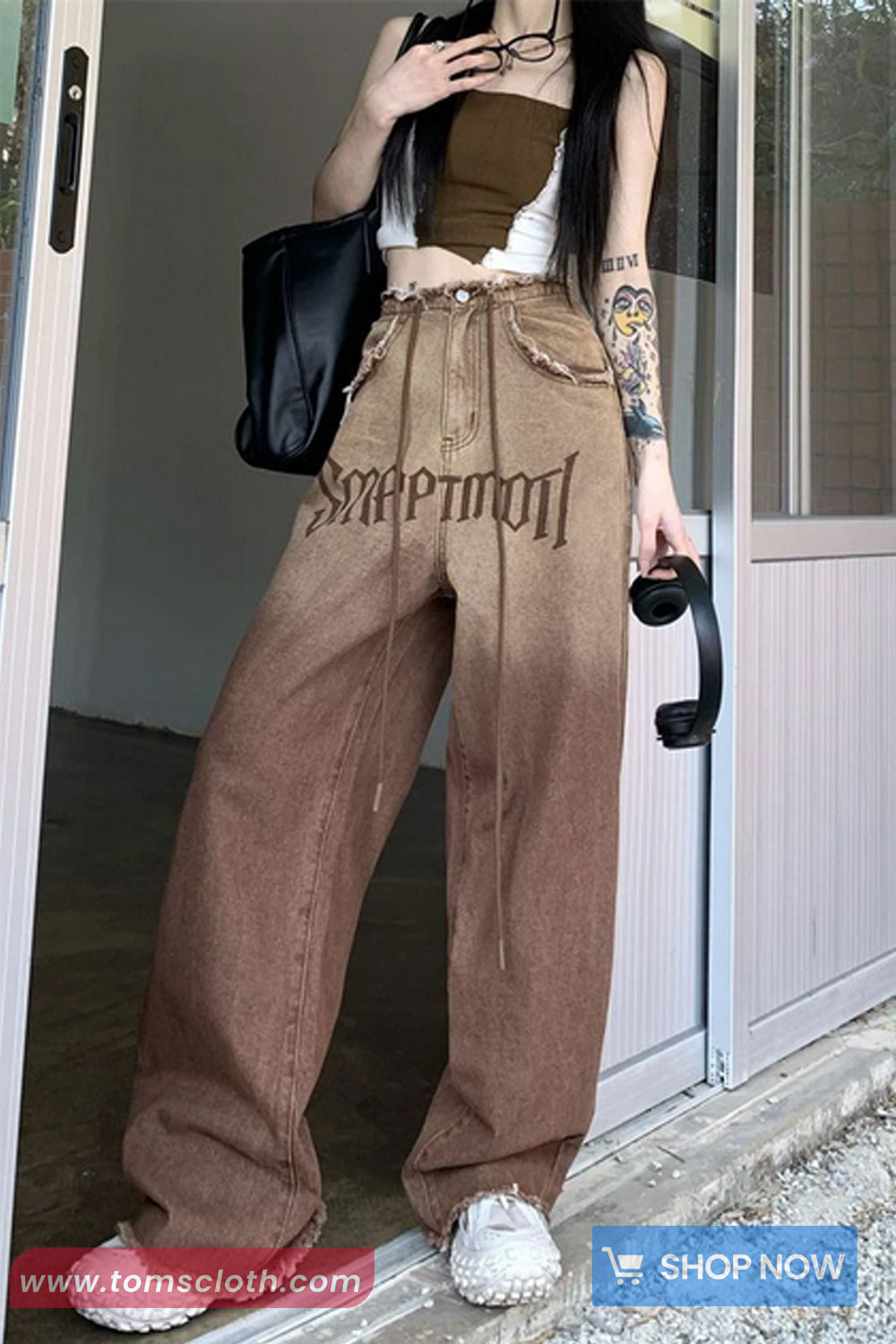 High Waist Retro Tassel Brown Jeans Pants