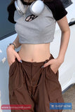 Retro Drawstring Waist Brown Cargo Pants