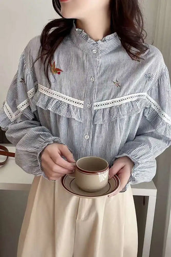 Long Sleeve Striped Embroidered Blouse Shirt