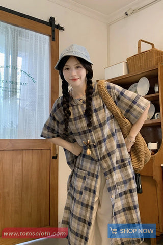 Short Sleeve Vintage Plaid Linen Midi Dress