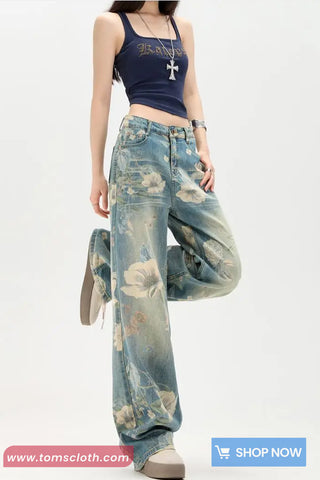 High Waist Vintage Floral Pattern Women Jeans Pants
