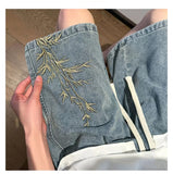 Leaves Embroidered Hip Hop Denim Shorts