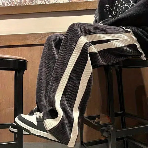 Loose Two Bar Striped Long Corduroy Pants