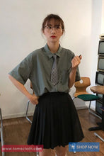 Short Sleeve Vintage Plaid Cute Tie Blouse Shirt