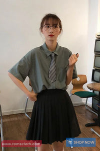 Short Sleeve Vintage Plaid Cute Tie Blouse Shirt