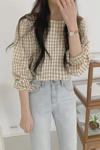 Three Quarter Sleeve Plaid Blouse Shirts