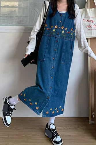 Flowers Pattern Embroidered Long Denim Dress