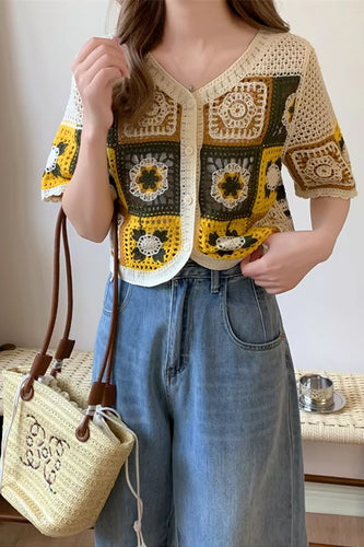 Short Sleeve Flower Embroidery Crochet Shirts