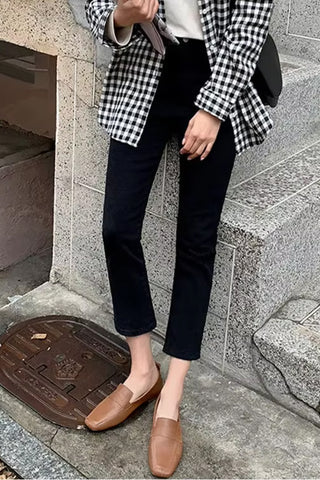 High Waist Straight Ankle Length Slim Cotton Denim Pants