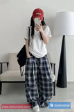 Loose Wide Leg Retro Blue Plaid Pattern Pants