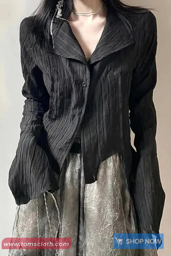 Long Sleeve Lapel Collar Retro Blouse Black Shirt