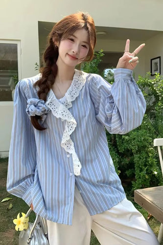 Long Sleeve Lace Neck Striped Blouse Shirts