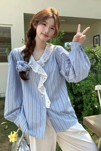 Long Sleeve Lace Neck Striped Blouse Shirts