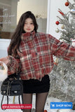 Loose Stand Collar Retro Plaid Pattern Parkas Coat Jacket