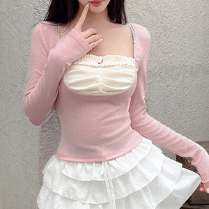 Long Sleeve Cute Pink Square Neck Cropped Shirt
