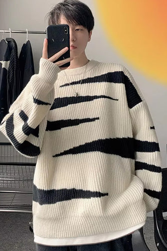 Long Sleeve Round Neck Striped Knitted Men Sweater