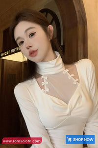 Long Sleeve High Neck Hollow Out Cropped Shirt