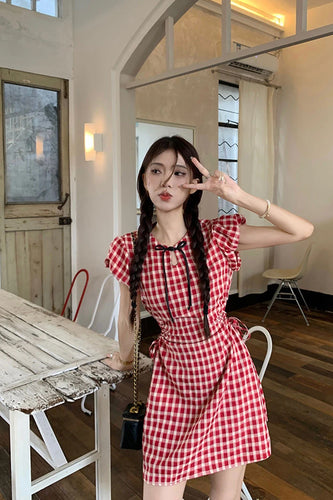 Vintage Red Plaid Slim Mini Dress