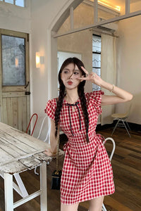 Vintage Red Plaid Slim Mini Dress