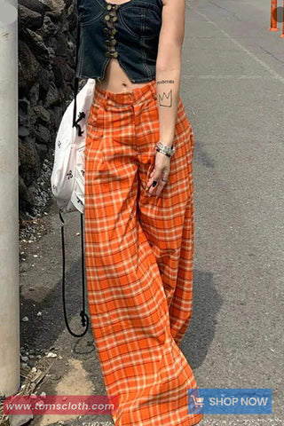 Loose Vintage Orange Plaid Long Pants