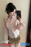 Long Sleeve Turn Down Collar Lace Trim Elegant Blouse Shirt