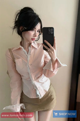 Long Sleeve Turn Down Collar Lace Trim Elegant Blouse Shirt
