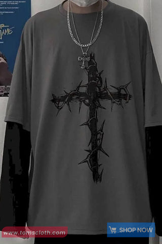 Long Sleeve Two Colors Cross of Thorns Printed Hip Hop Shirt