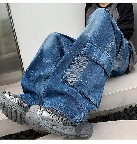 Vintage Plaid Patchwork Men Cargo Jeans Pants