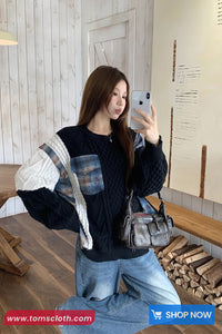 Long Sleeve Plaid Patchwork Knitted Black Sweater