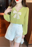Long Sleeve V-Neck Bow Design Blouse Shirt