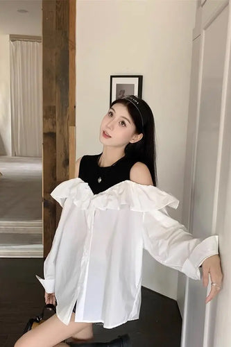 Long Sleeve Fake Two Style Off Shoulder Blouse Shirts