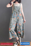 Loose Vintage Flowers Pattern Denim Jumpsuit