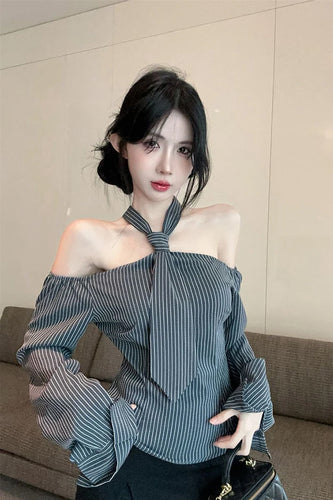 Long Sleeve Sexy Halter Off Shoulder Striped Blouse Shirts