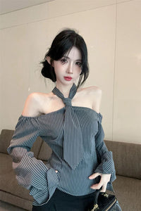 Long Sleeve Sexy Halter Off Shoulder Striped Blouse Shirts