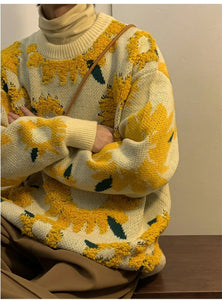 Loose O-Neck Sunflower Pattern Warm Sweater