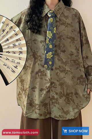 Long Sleeve Flowers Printed Retro Blouse Shirt