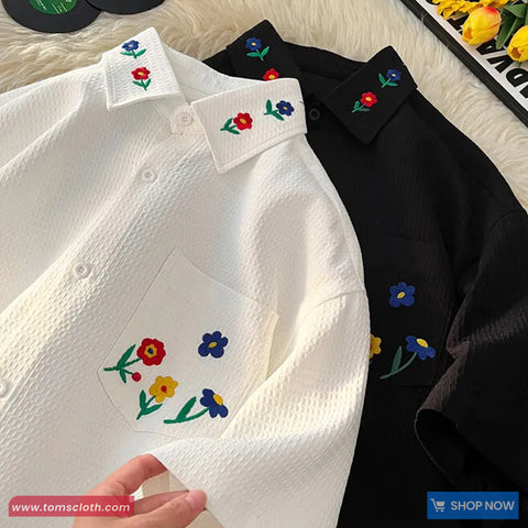 Short Sleeve Flower Embroidered Collar Blouse Shirt