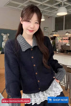 Long Sleeve Turn Down Collar Knitted Stripe Sweater