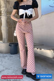 Casual Pink Checkered Slim Flare Long Pants