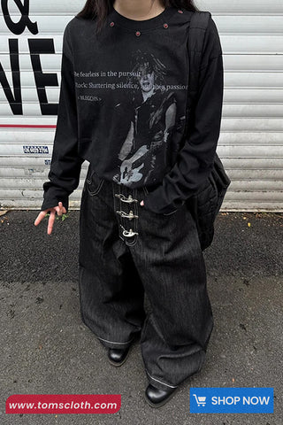 Loose Hip Hop Style Wide Leg Black Jeans Pants